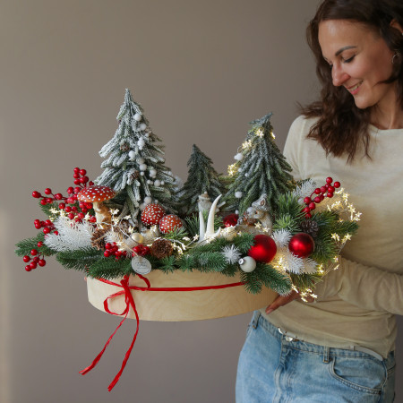 175. Новогодняя композиция с елочками, мухоморами и лесными животными